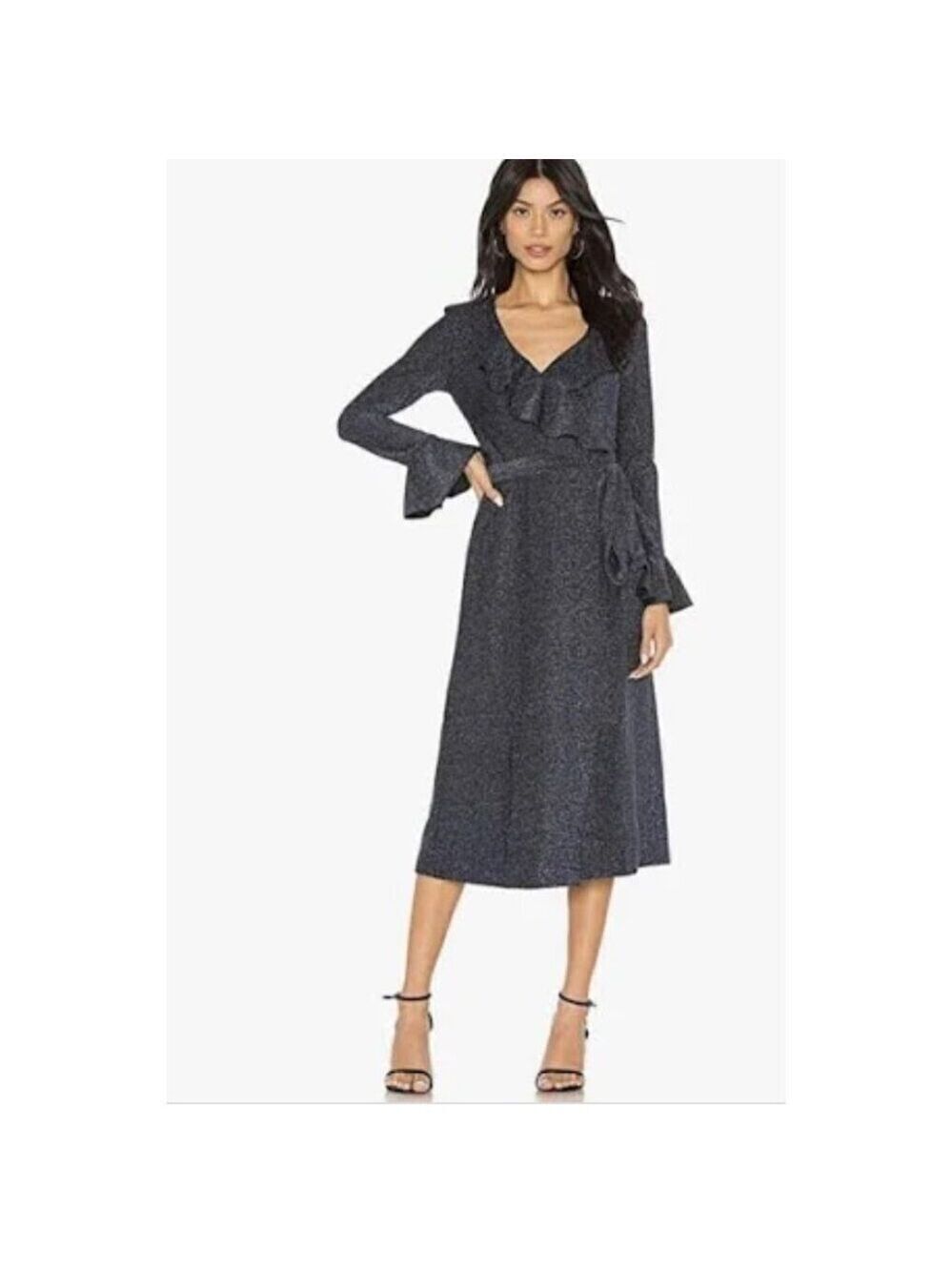 Free People One More Time Blue Black Shimmer Ruffle Midi Wrap Dress S